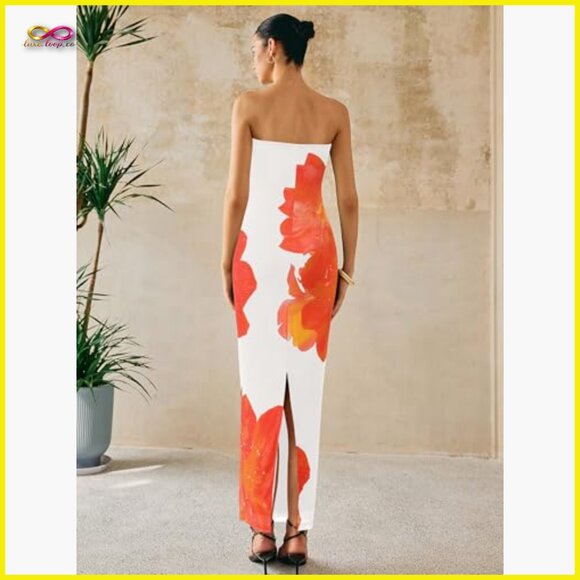 Strapless Maxi Dress Bodycon Formal Elegant Mesh Floral Wedding Guest - Picture 6 of 7